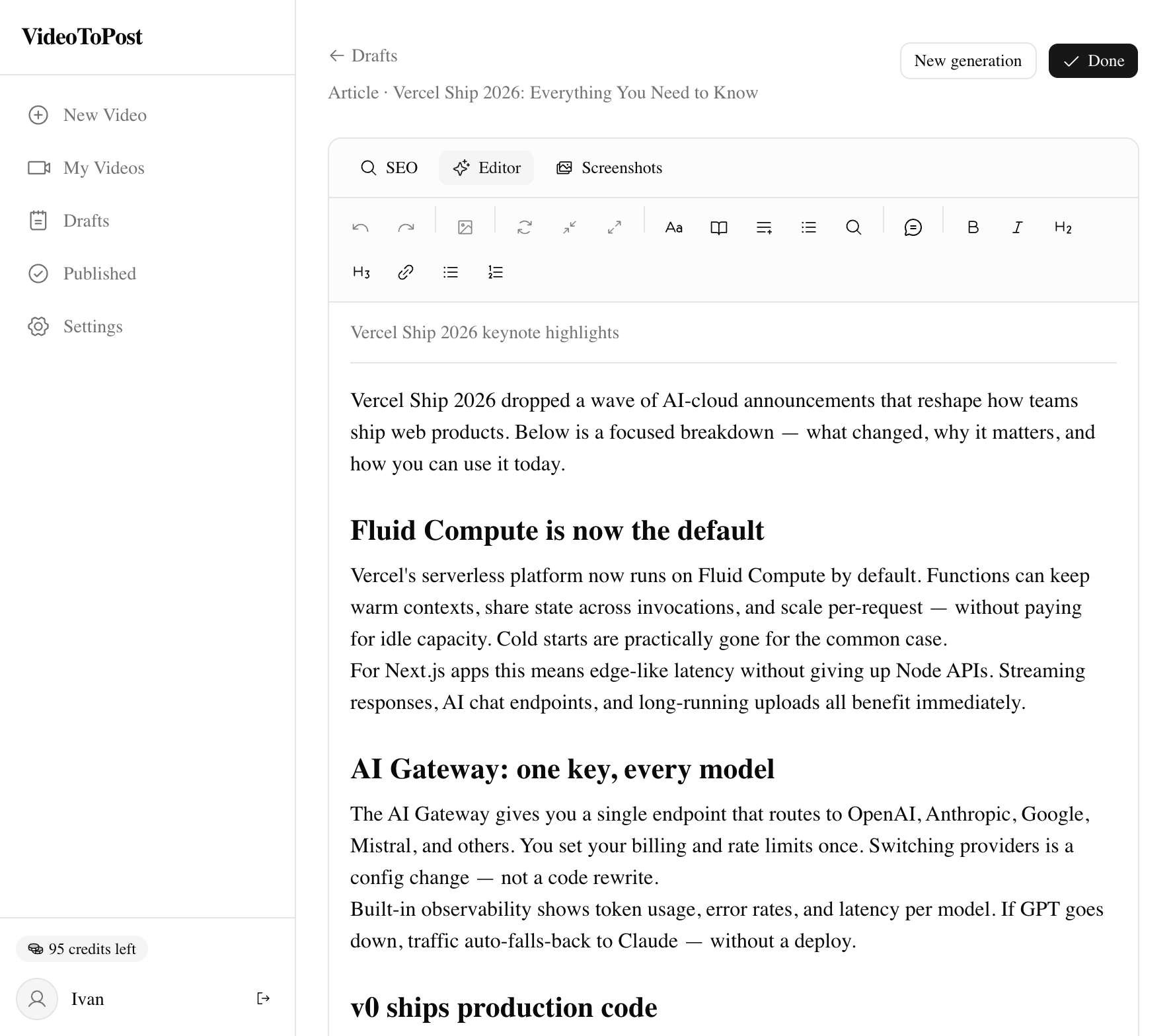 VideoToPost — generated 1,800-word article with timestamped screenshots in the AI editor