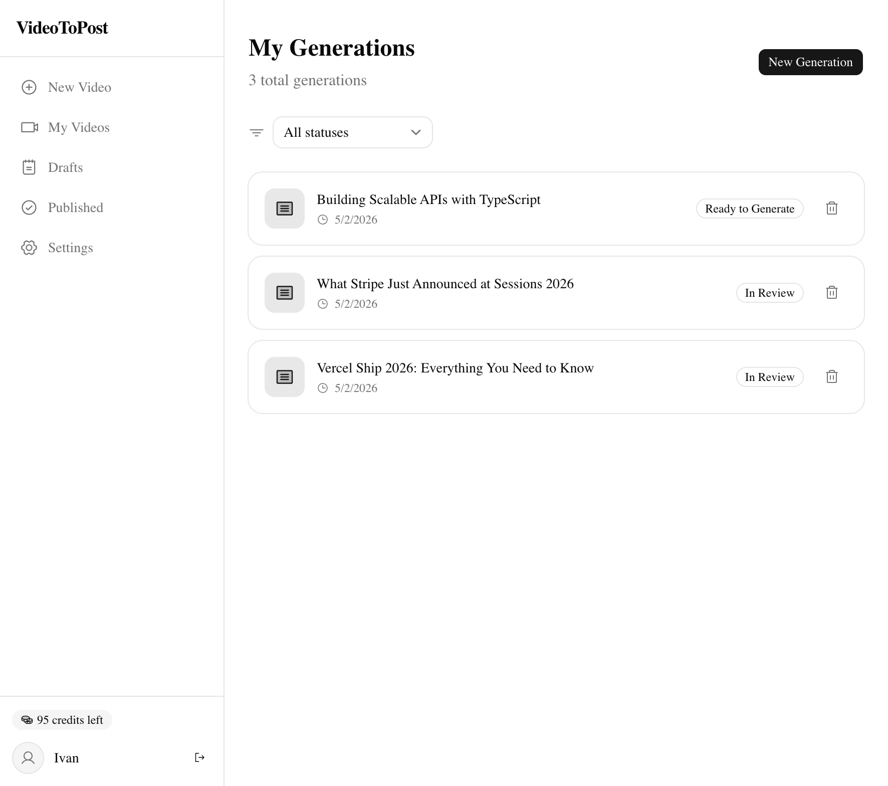 VideoToPost dashboard with generated articles